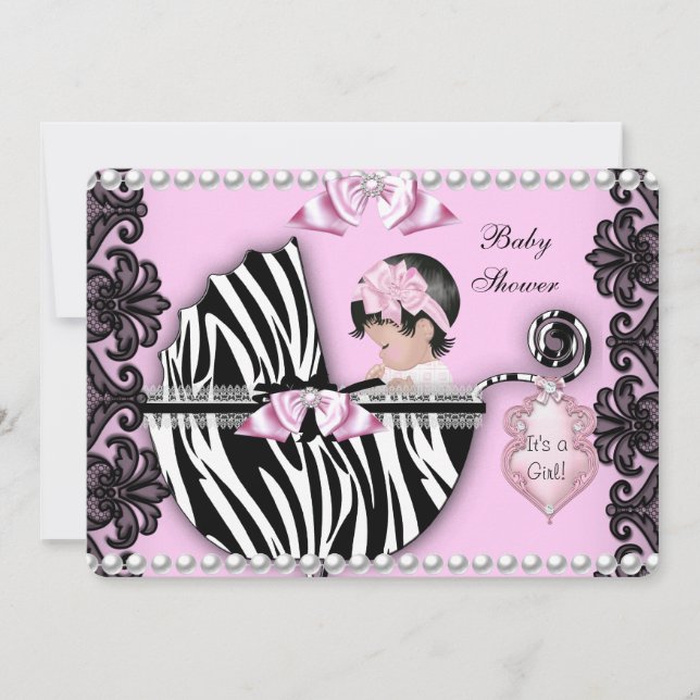 Baby Shower Cute Baby Girl Pink Zebra Pram 2 Invitation (Front)