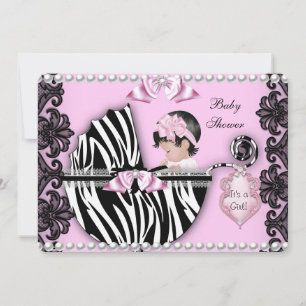 Baby Shower Cute Baby Girl Pink Zebra Pram 2 Invitation