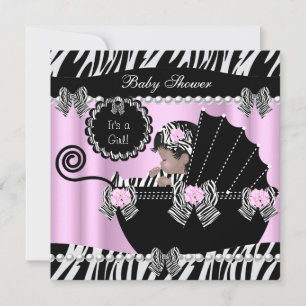 Baby Shower Cute Baby Girl Pink Zebra Pram Invitation
