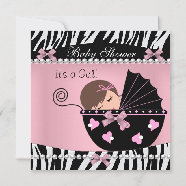 Baby Shower Cute Baby Girl Pink Zebra Print Invitation (Front)
