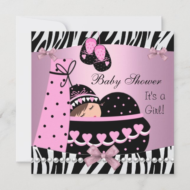 Baby Shower Cute Baby Girl Pink Zebra Print Invitation (Front)
