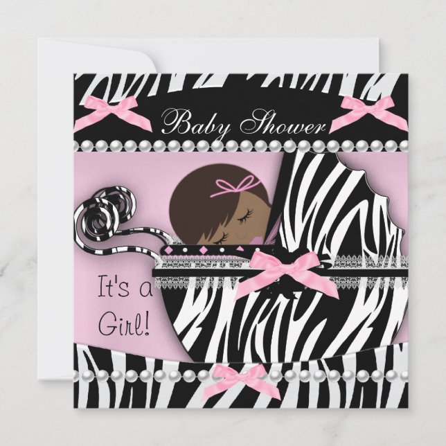 Baby Shower Cute Baby Girl Pink Zebra Print Invitation (Front)