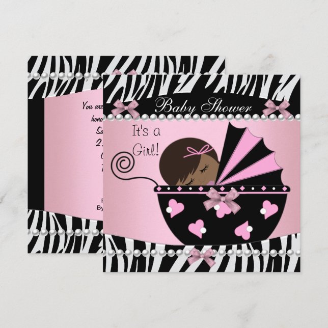 Baby Shower Cute Baby Girl Pink Zebra Print Invitation (Front/Back)
