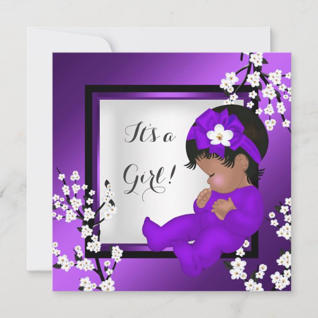 Baby Shower Cute Baby Girl Purple Blossom Black AM Invitation (Front)
