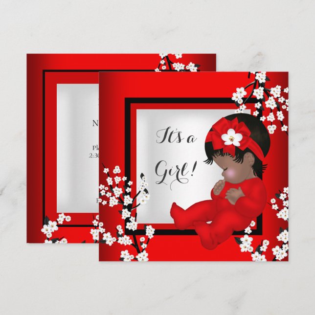 Baby Shower Cute Baby Girl Red Blossom Black AM4 Invitation (Front/Back)