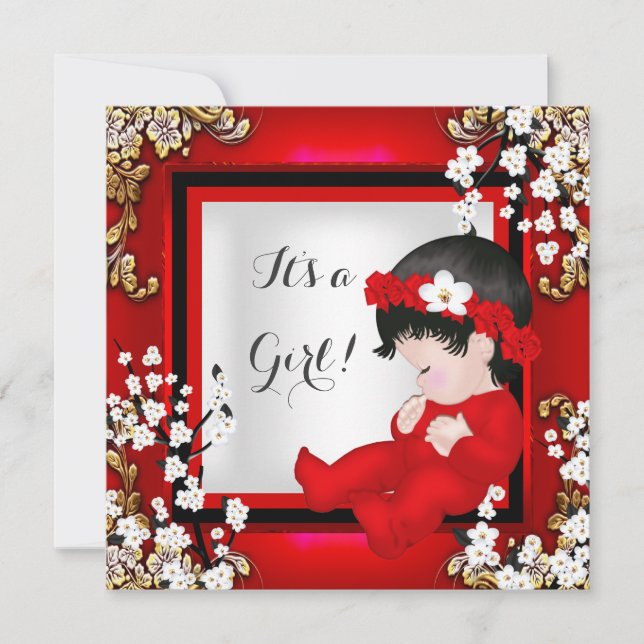 Baby Shower Cute Baby Girl Red Blossom Black AM4 Invitation (Front)