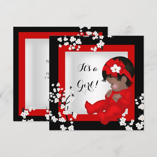 Baby Shower Cute Baby Girl Red Blossom Black AM5 Invitation (Front/Back)