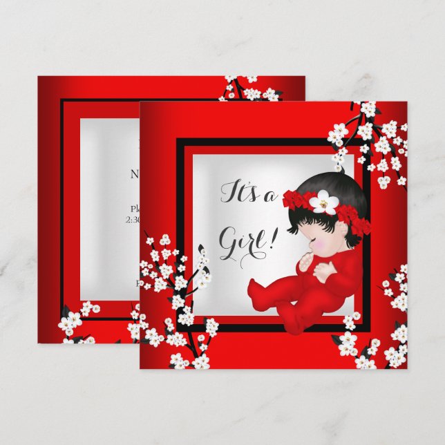 Baby Shower Cute Baby Girl Red Blossom Black C4 Invitation (Front/Back)