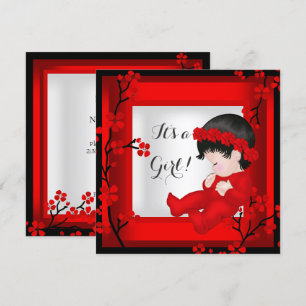 Baby Shower Cute Baby Girl Red Blossom Black White Invitation