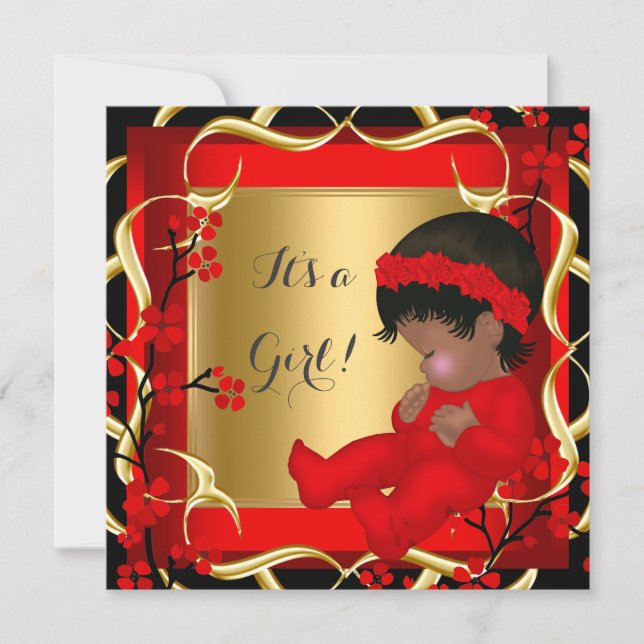 Baby Shower Cute Baby Girl Red Blossom Gold AM 3 Invitation (Front)