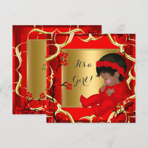 Baby Shower Cute Baby Girl Red Blossom Gold AM 4 Invitation