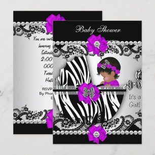 Baby Shower Cute Baby Girl Zebra Purple Pink Black Invitation