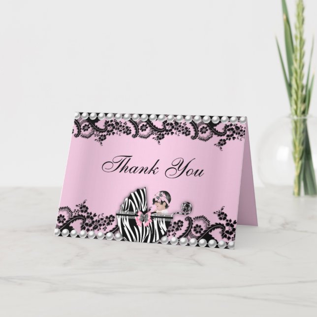 Baby Shower Cute Baby Girl Zebra Thank You Card (Front)
