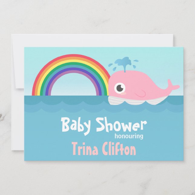 Baby Shower - Cute Baby Pink Whale with Rainbow Invitation (Front)