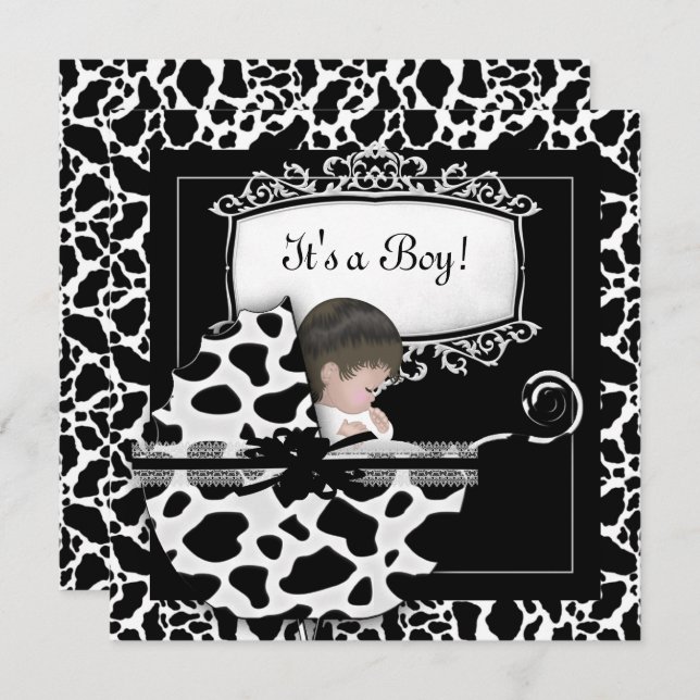 Baby Shower Cute Baby Pram Cow Black White Invitation (Front/Back)