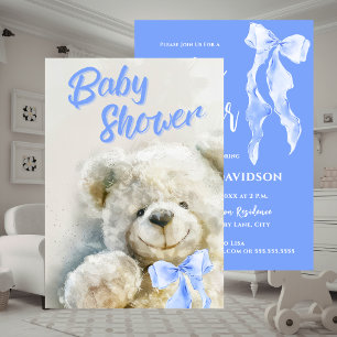 Baby Shower Cute Bear Blue Ribbon  Invitation