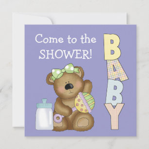 Baby Shower+Cute Bear with Baby Rattle+Bottle Invitation