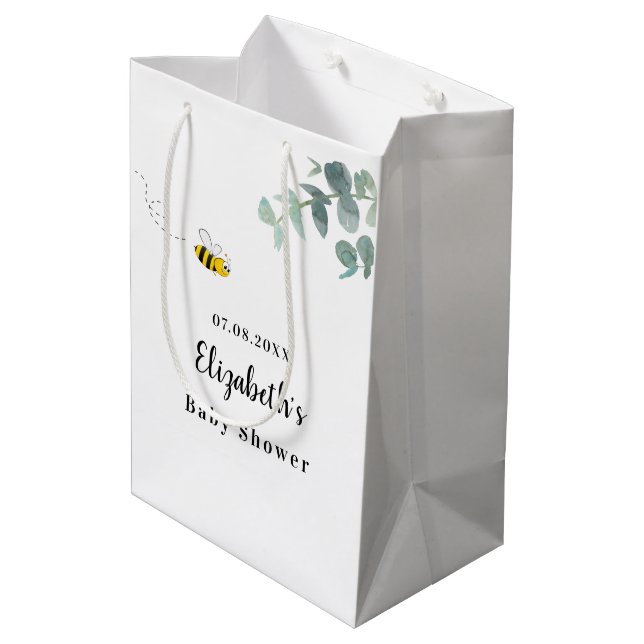 Baby Shower cute bee eucalyptus greenery white Medium Gift Bag (Back Angled)