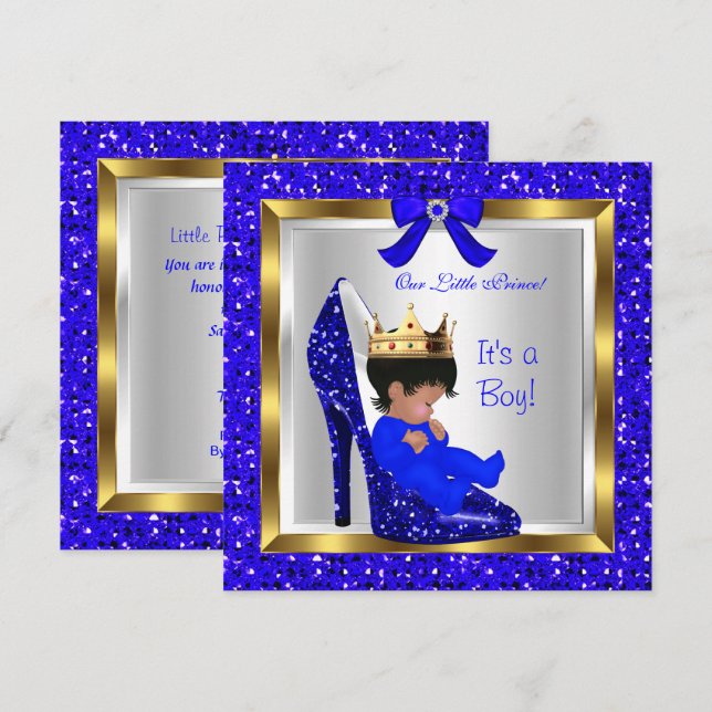 Baby Shower Cute Boy Prince Royal Blue Shoe 3 Invitation (Front/Back)