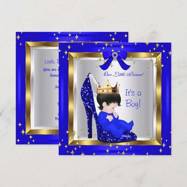 Baby Shower Cute Boy Prince Royal Blue Shoe 6 Invitation (Front/Back)