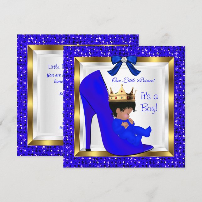 Baby Shower Cute Boy Prince Royal Blue Shoe Invitation (Front/Back)