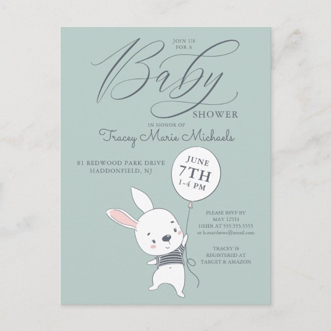 BABY SHOWER | Cute Bunny & Balloon Postcard (Front)