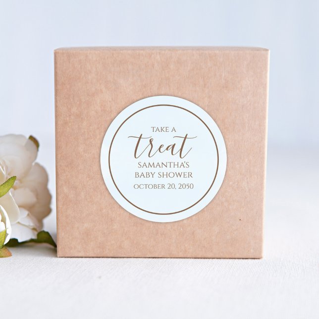 Baby Shower Cute Calligraphy Script Blue Treat  Classic Round Sticker (Creator Uploaded)