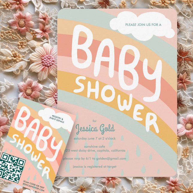 BABY SHOWER Cute Clouds Rainbow Rain Custom  Invitation (BABY SHOWER Cute Clouds Rainbow Rain Custom Invitation
Pink Pastel )