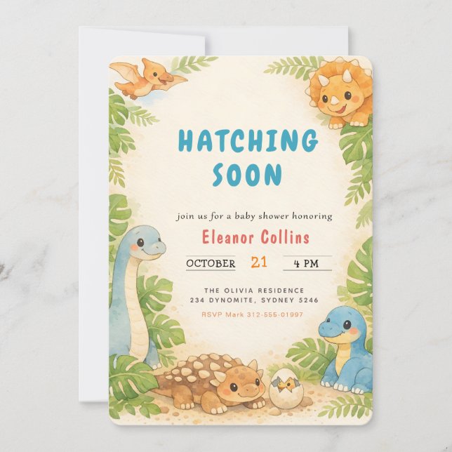 Baby Shower Cute Dinosaur Hatching Soon Invitation (Front)