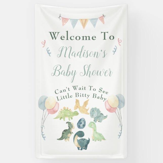 Baby Shower Cute Dinosaur Mum Name Blue Banner (Vertical)