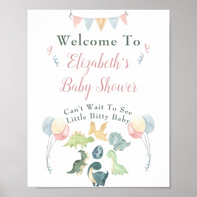 Baby Shower Cute Dinosaur Mum Name Pink Welcome Poster (Front)