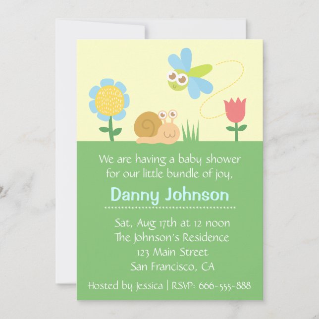 Baby Shower: Cute Dragonfly & Snail in a garden Invitation (Front)
