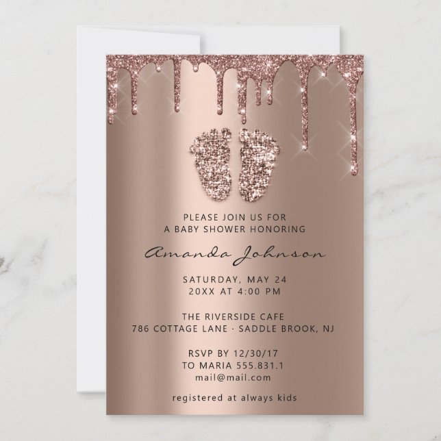 Baby Shower Cute Feet Rose Gold Drips Boy Girl Invitation (Front)