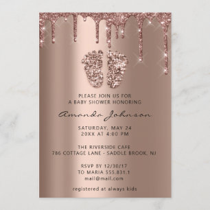 Baby Shower Cute Feet Rose Gold Drips Boy Girl Invitation