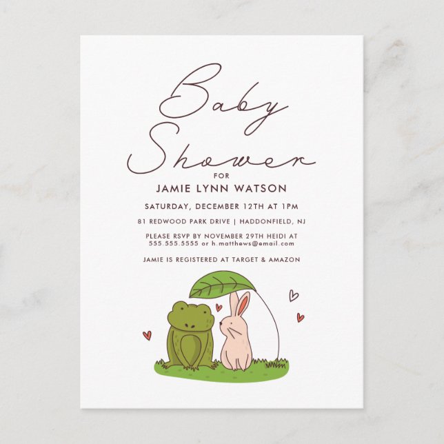 BABY SHOWER | Cute Frog & Bunny Invitation Postcard (Front)