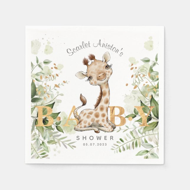 Baby Shower Cute Giraffe Greenery Napkin (Front)