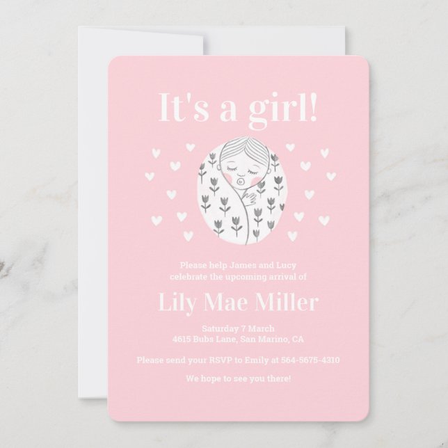 Baby shower cute girl floral hearts pink drawing  invitation (Front)