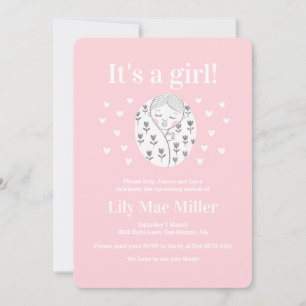 Baby shower cute girl floral hearts pink drawing invitation