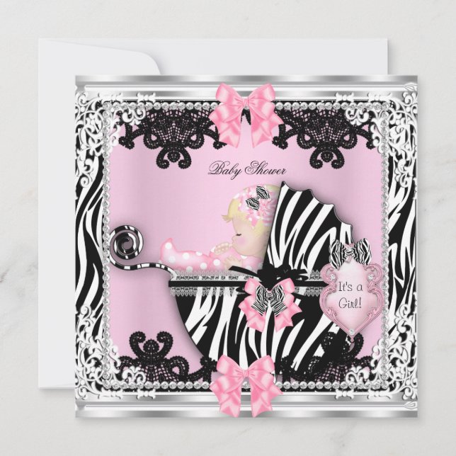 Baby Shower Cute Girl Zebra Pram Blonde Baby Girl Invitation (Front)