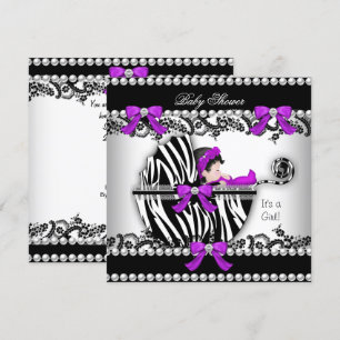Baby Shower Cute Girl Zebra Pram Pearl 3 Invitation