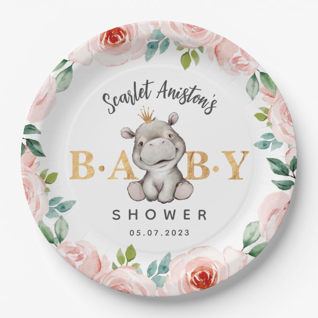 Baby Shower Cute Hippopotamus Paper Plate (Front)