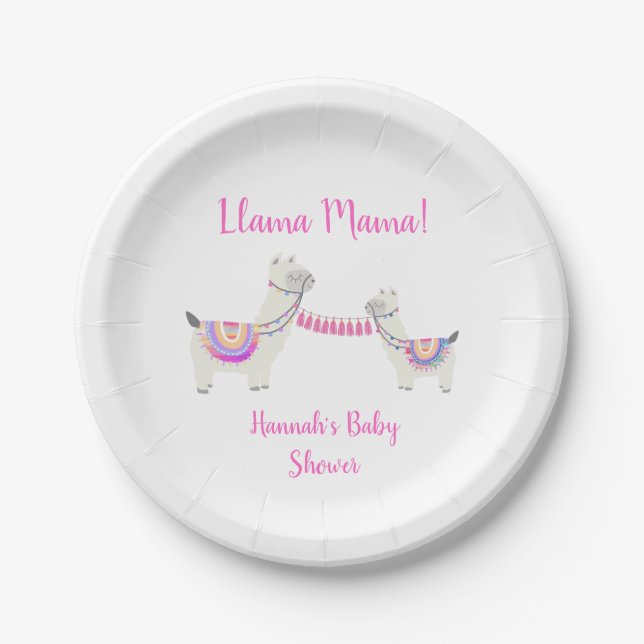 Baby Shower Cute Llama Mama Hot Pink and White Paper Plate (Front)