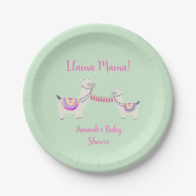 Baby Shower Cute Llama Mama Hot Pink Mint Green Paper Plate (Front)