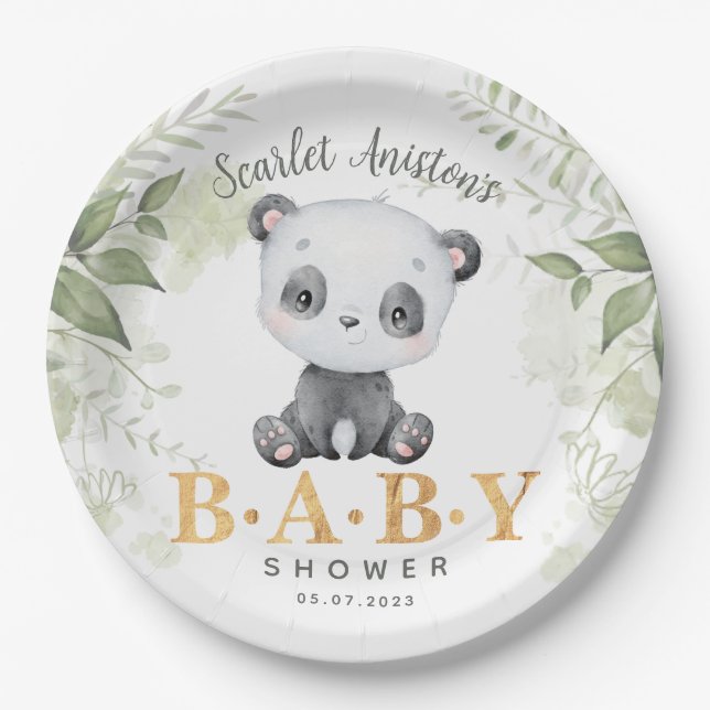Baby Shower Cute Panda Eucalipt Greenery Paper Plate (Front)