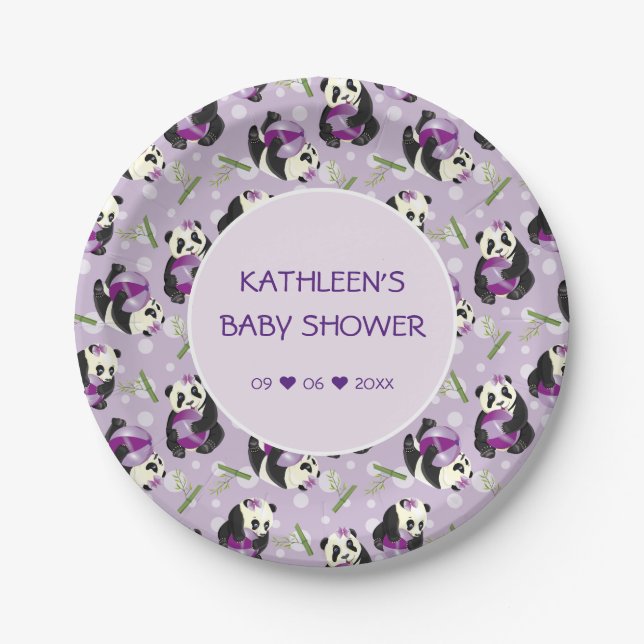 Baby Shower Cute Panda Pale Lilac Pattern Paper Plate (Front)