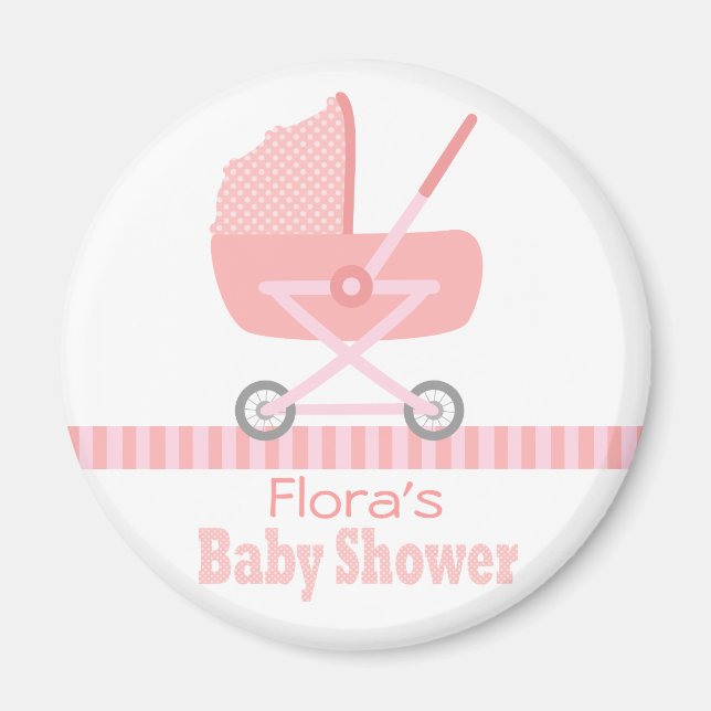 Baby Shower: Cute pink baby stroller / pram Magnet (Front)