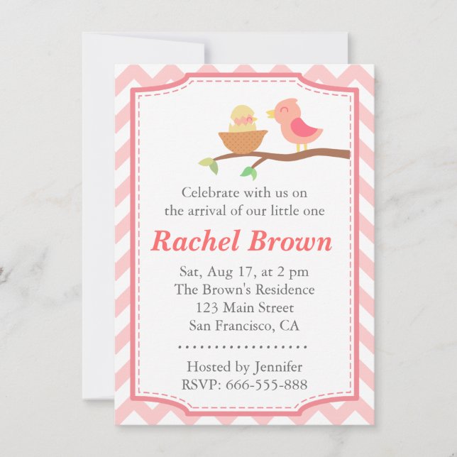 Baby Shower - Cute pink bird with newborn Invitation (Front)