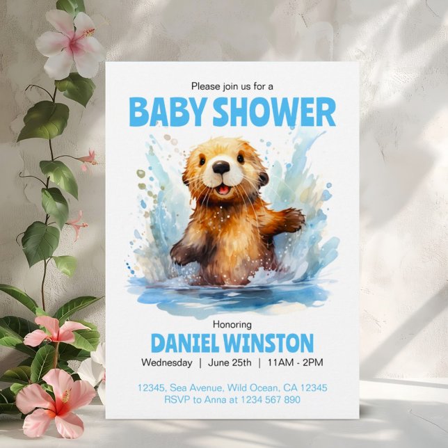 Baby Shower Cute Sea Otter in Water Personalised Invitation (Creator Uploaded)