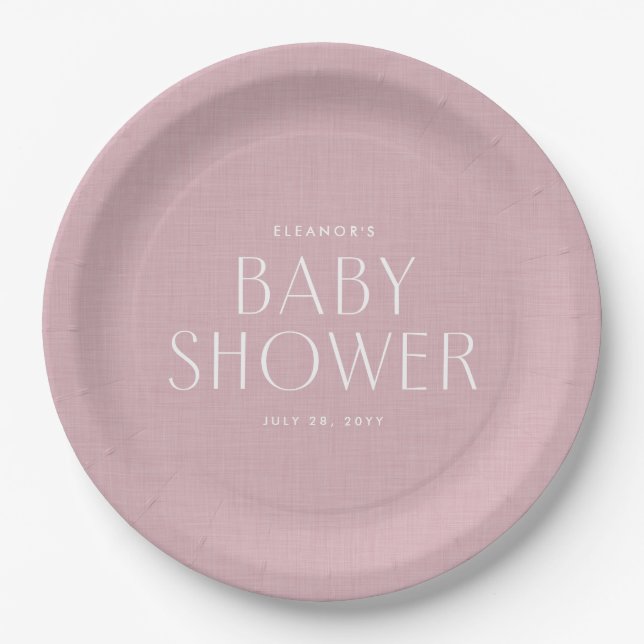 Baby shower cute simple pink linen effect paper plate (Front)