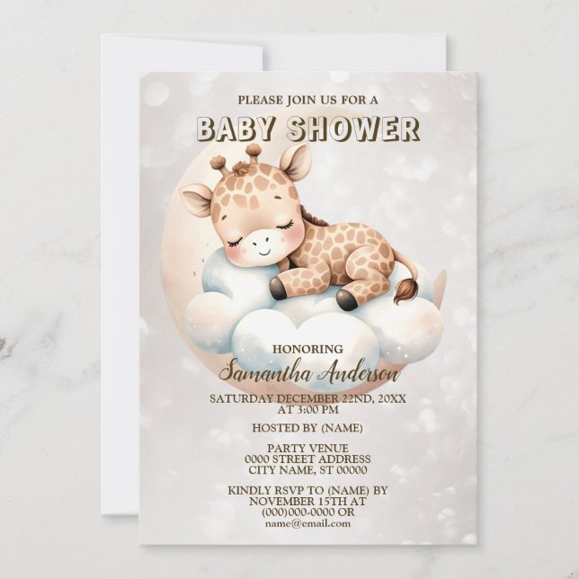 Baby Shower Cute Sleeping Baby Giraffe Animal Invitation (Front)
